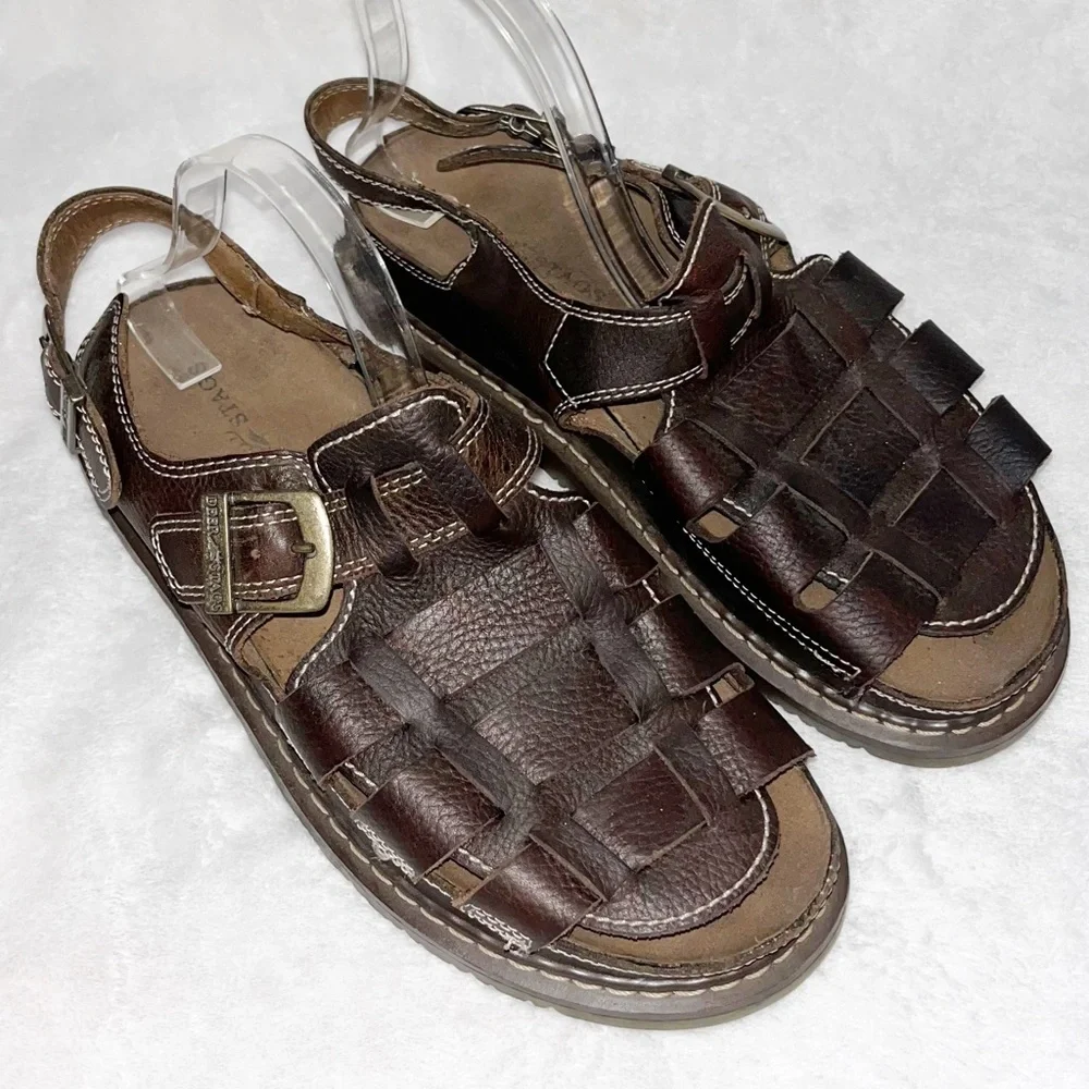 Y2K 90s Deer Stag Chunky Brown Leather Sandals Mens Size 11 Lug Rugged Fisherman
